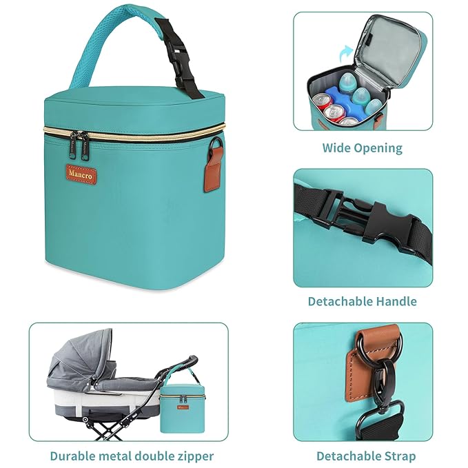 Breastmilk Cooler Bag with Ice Pack, Mancro Insulated Baby Bottle Tote Bag Fits up to 6 Bottles of up to 9 Ounces, Baby Bottle Bag for Nursing Mothers, Green