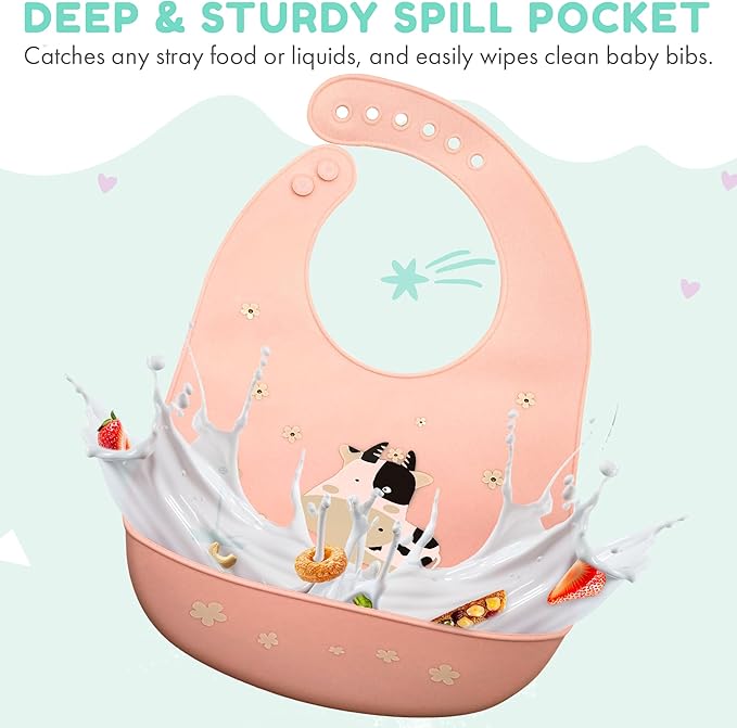 Silicone Baby Bibs Unisex, Self-Feeding, Catch-all Large Pocket, 6-48 months, BPA-Phthalate Free, w/Travel Case