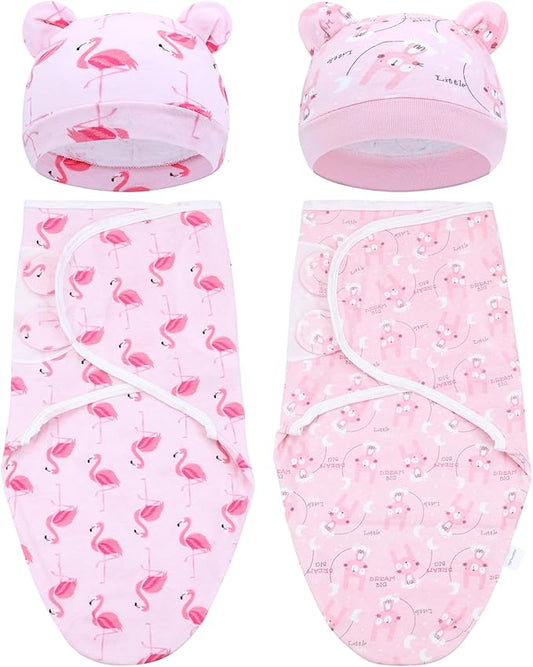 Cinaci 2 Pieces Adjustable Soft Cotton Baby Swaddle Sleep Sacks Hats Newborn Nursery Caps Beanies Bonnets Swaddle Blanket Wraps for Baby Girls Boys Infants Newborns (2PCS S3)