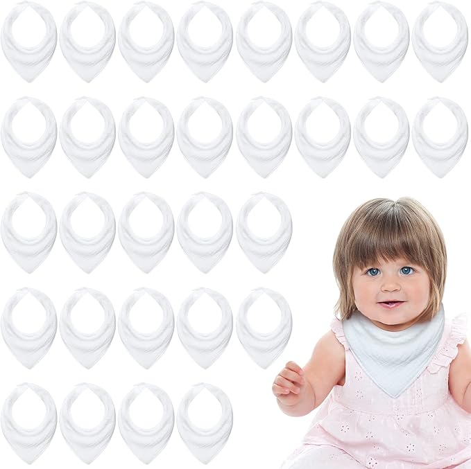 Giegxin 30 Pcs Muslin Baby Bibs White Bandana Drool Unisex Girls Boys Triangle Soft Absorbent Solid Colors Adjustable Newborn Bibs Set for Baby Infants Toddlers Teething Drooling Feeding