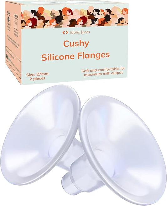 Cushy Silicone Flanges, Breast Shields - Replacement Pump Parts - for Spectra, Lansinoh, Medela Pumps - Great for Elastic Nipples - Double (2 Pack) - 27mm