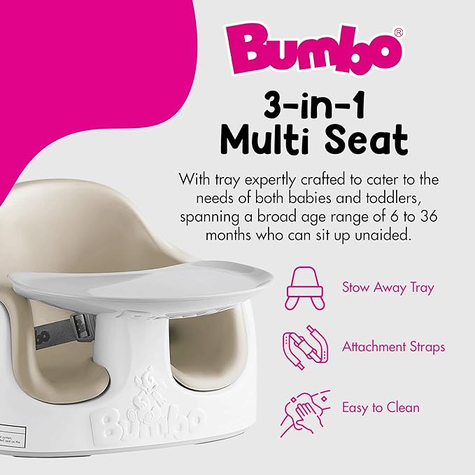 Bumbo 3-in-1 Multi-Seat for 6 to 36 Months, Travel Baby Feeding & Play Floor Seat, All-in-One Portable Booster with Tray & Toddler High Chair, Taupe