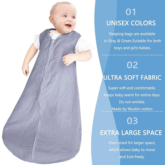 2 Pack Baby Sleep Sack 0-24 Months Baby Sleeping Bag 2-Way Zipper Toddler Wearable Blankets (Gray&Green TOG 0.3, Small)