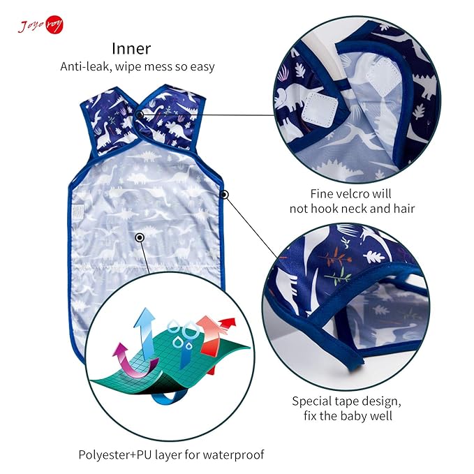 Joyo roy Mess Proof Baby Bibs for Eating Waterproof Toddler Bibs for Boys 2-4 Years Soft Machine Washable Sleeveless Baby Smock Bib Travel Reusable Led Weaning Apron for Feeding Bib with Food Catcher