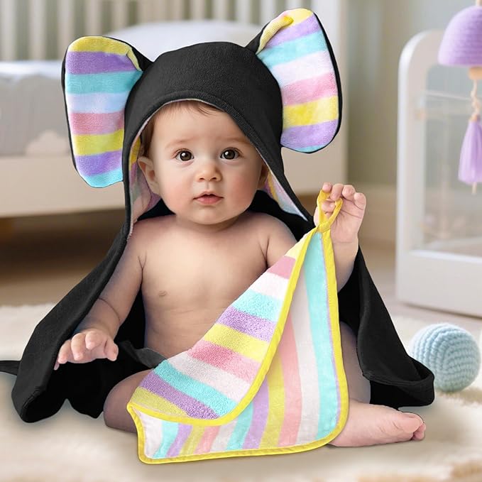 VOOVA & MOVAS Thick Baby Hooded Bath Towel - 100% Cotton,500GSM, 33x31.5 Inches,0-2Years, Super Absorbent Large Towel with Cute Elephant Ears Hood for Newborn, Baby, Infant, Baby Essentials,Black