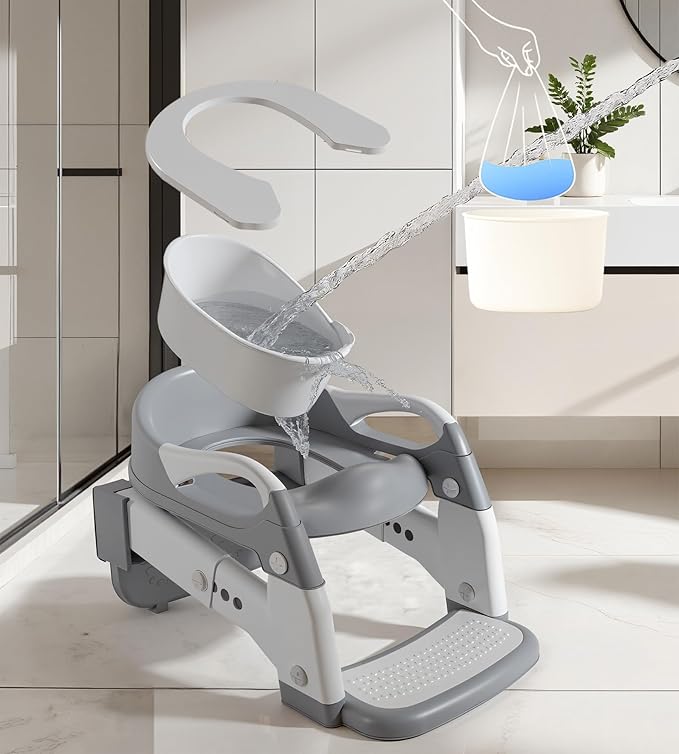 2-in-1 Toddler Potty Training Toilet Seat with Step Stool Ladder – Adjustable Height Potty Chair Urinal for Baby Boys Girls Age 1-3, Foldable Training Potty with Splash Guard & Anti-Slip Feet, Green