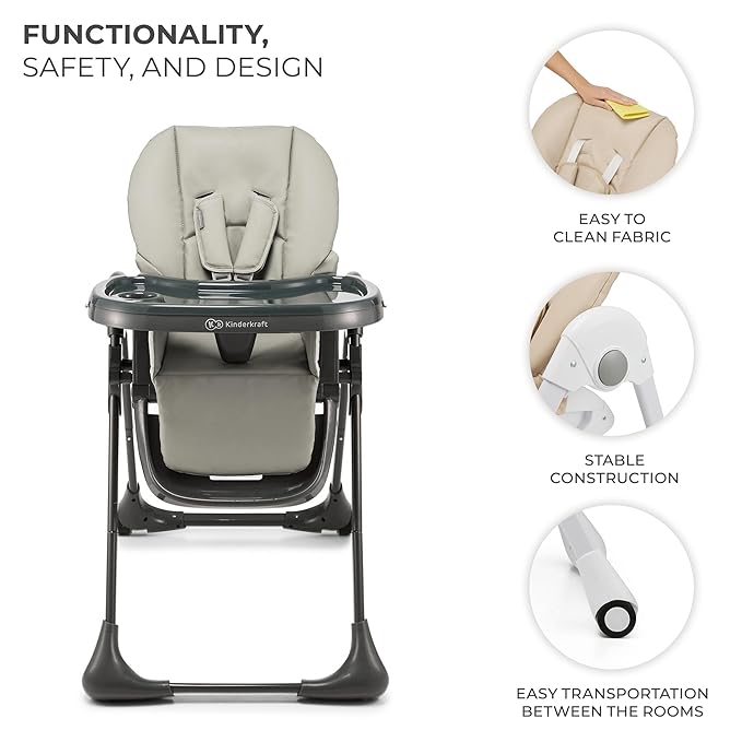Kinderkraft Tummie, 2-in-1 high Chair, Baby Chair, Ergonomic, Comfortable, Reclining, Foldable, with Ajustable Height, Footrest, Detachable Tray, for Toddler, with Toys, Gray