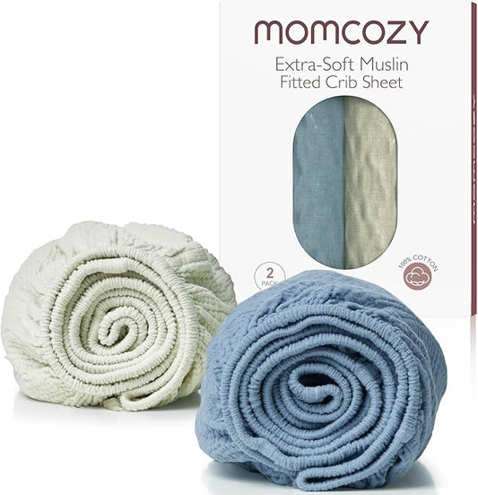 Momcozy Muslin Mini Crib Sheets Fitted - 38''x26'' Pack and Play Sheets for Pack N Play Mattress, 2 Pack Soft & Breathable Natural Cotton Non Slip Bed Cover for Boys, Girls, Grey Blue