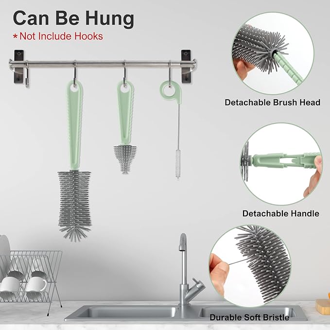 Bottle Brush Set -Baby Travel Essential-6 in 1 Bottle Cleaner Kit with Silicone Bottle Brush,Nipple Cleaner Brush,Straw Brush,Soap Dispenser,Storage Box,Bottle Drying Rack for Home and Travel(Green)