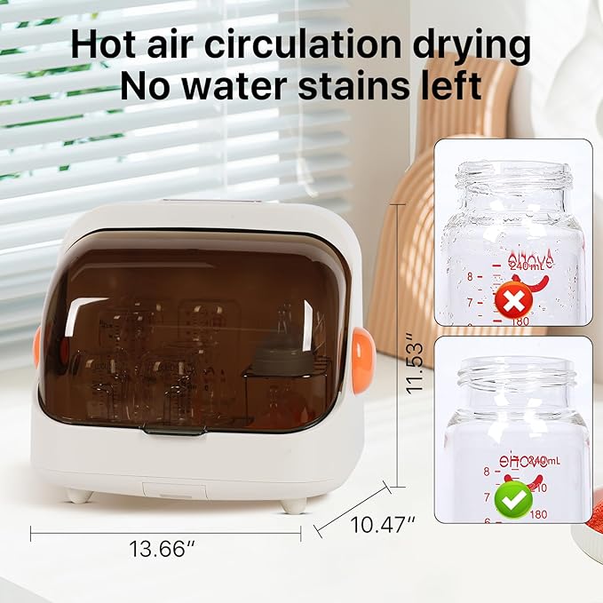 Transparent Baby Bottle Drying Rack with Double Lid and Removable Drain Tray Dust-Proof Baby Bottle Storage Box, Space Saving Baby Bottle Rack Dryer (Orange - Sterilizer)
