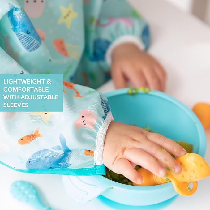 Bumkins - Sleeved Bib - For Boys & Girls, Babies & Toddlers 6-24 Months - Lightweight, Durable, Waterproof - Long Sleeve Bib - Catch-All Pocket - Wipeable & Machine Washable - Jungle & Ocean - 2 Pack