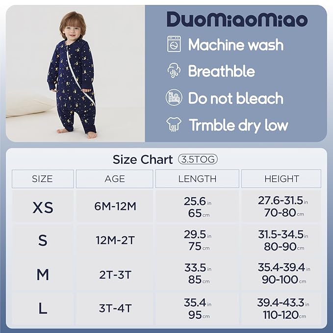 Duomiaomiao 3.5 TOG Toddler Sleep Sack 3-4T 100% Cotton Winter Side Open Zipper Baby Sleep Sack with Feet, Warm Toddler Wearable Blanket