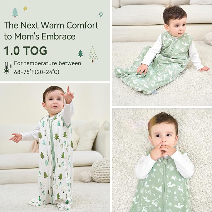 Baby Sleep Sack 0-6 Months 1.0 Tog Baby Wearable Blanket 100% Cotton Sleeping Sack with 2-Way Zipper for Infant Newborn Green Tree