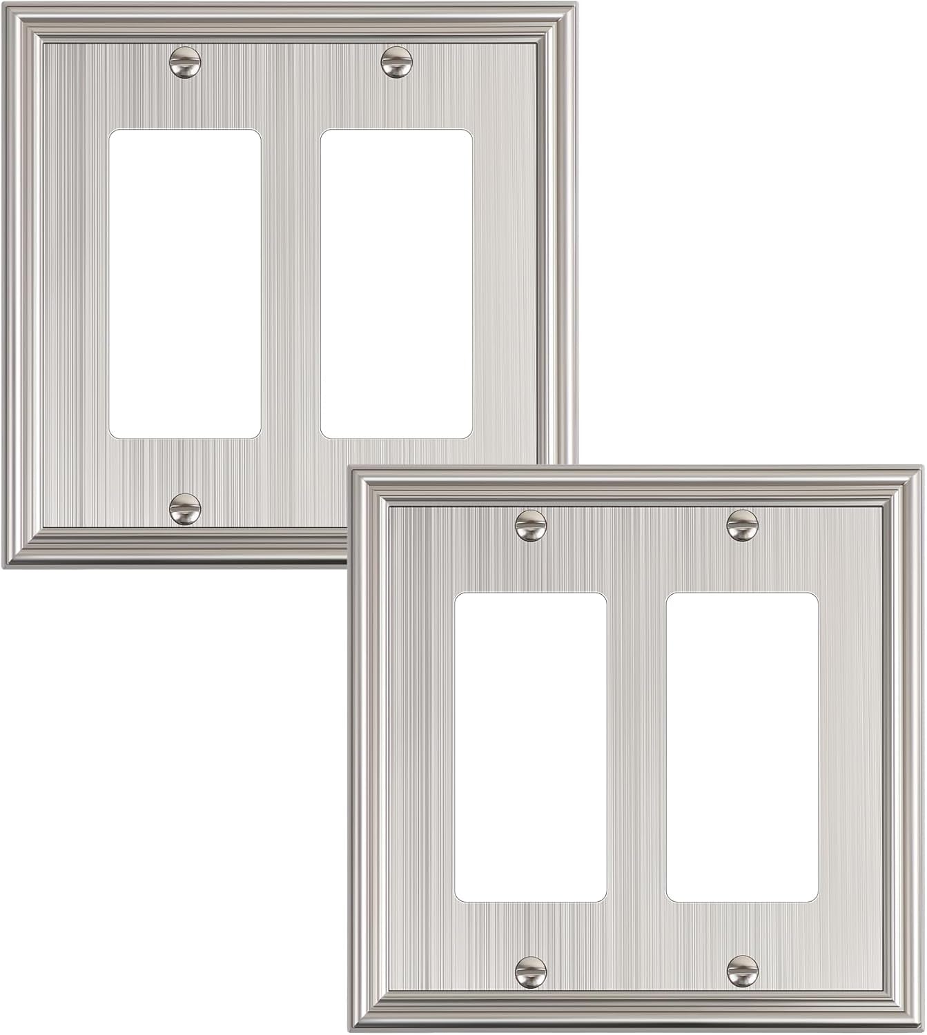 2-Pack Decorative Double Decorator Outlet Cover Plate, Durable Zinc Alloy Brushed Nickel Wall Plates for Electrical Outlets, Receptacle, GFCI Outlet, Dimmer Switch, 2-Gang
