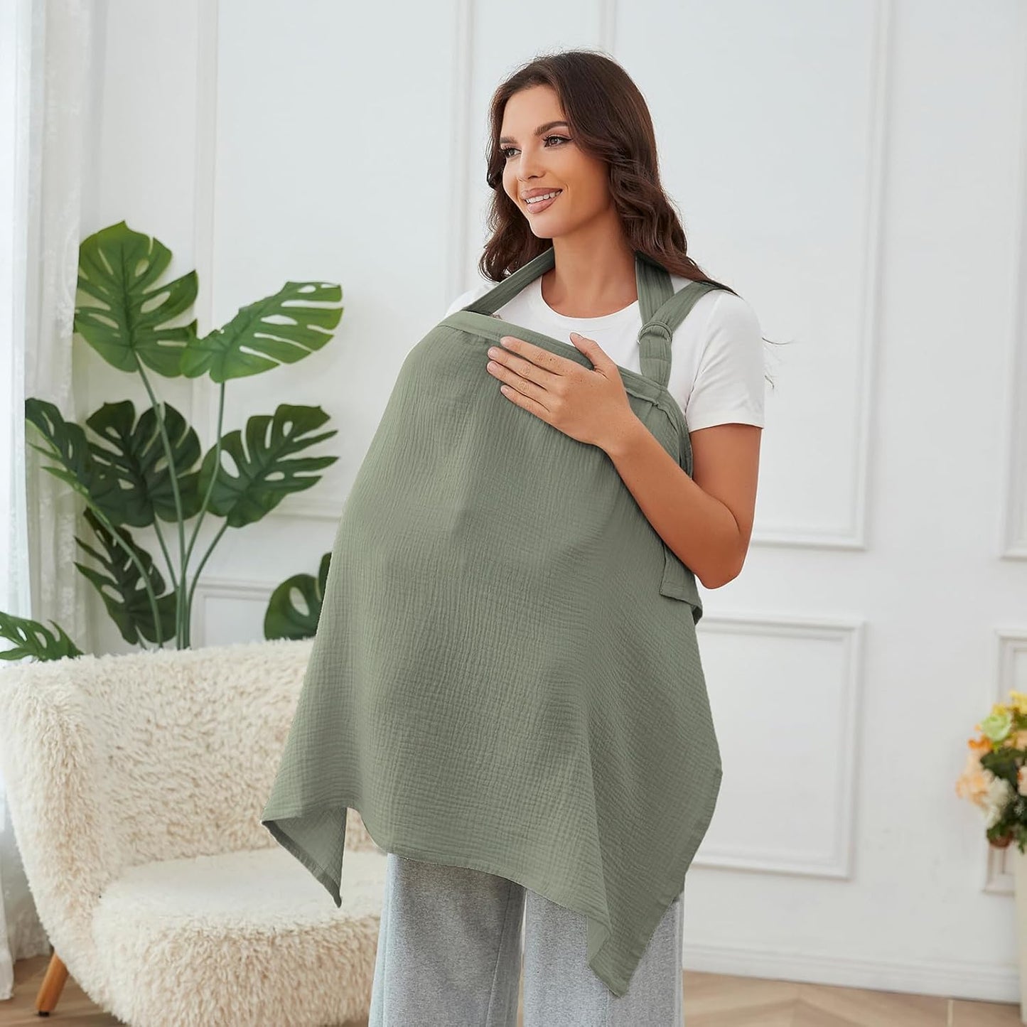 Muslin Nursing Cover for Baby Breastfeeding, Breathable 100% Cotton Breastfeeding Cover with Rigid Hoop for Mother Nursing Apron (Roman Green)