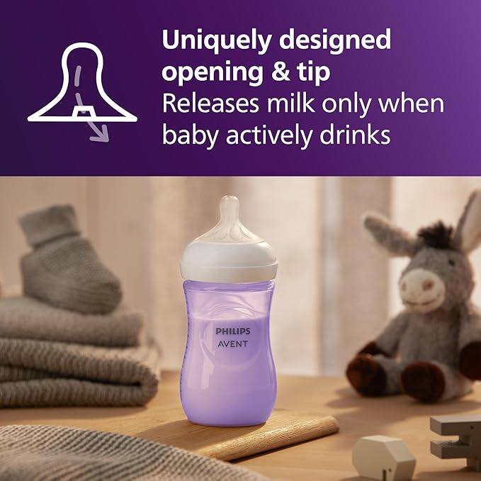 Philips Avent Natural Baby Bottles with Natural Response Nipples (Medium Flow, Flow 3), 9oz, Purple, 4-Pack, SCY903/34