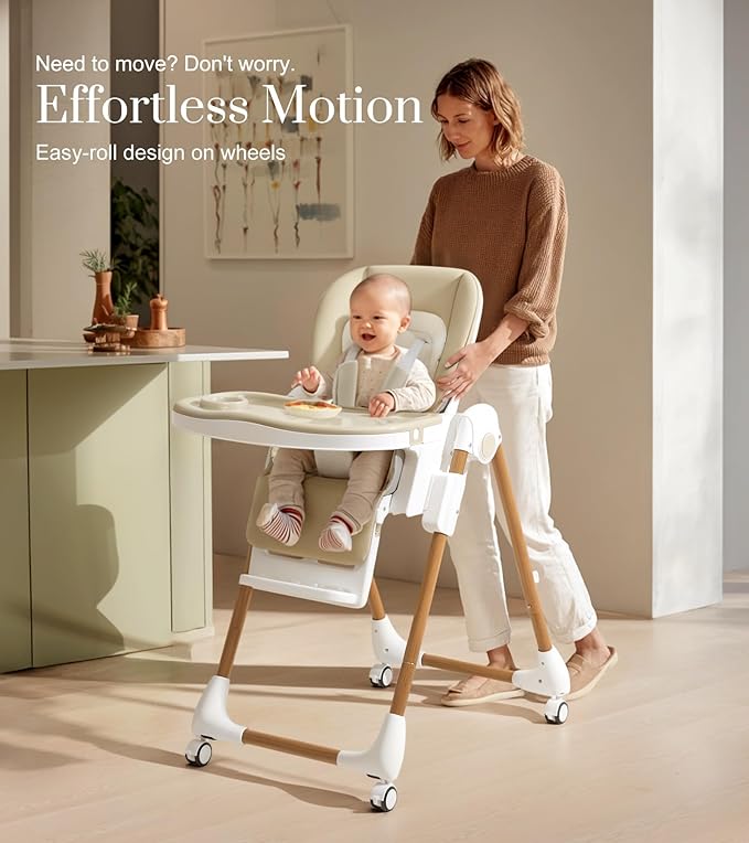 Mallify Foldable High Chairs for Babies and Toddlers, 3-in-1 Convertible Baby High Chair with Removable Soft Cushion and Tray, Adjustable Height & Recline, Lockable Wheels, Cream