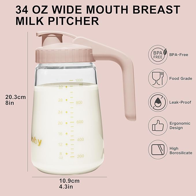 34oz Breast Milk Pitcher, Breast Milk Storage Containers for Fridge, Breastfeeding Essentials with Sealing Ring, No Leak Glass Pitcher with Handle and Lid for Ice Tea Juice Pink