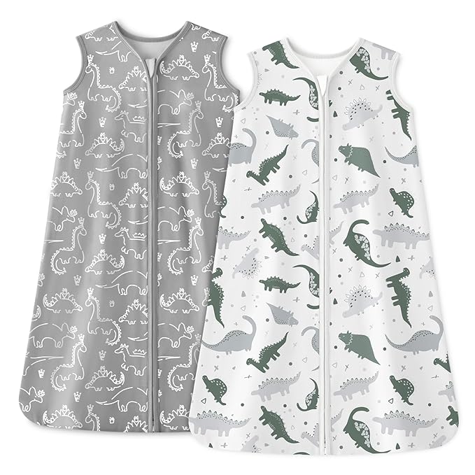 Baby Sleep Sack 6-12 Months 1.0 Tog Baby Wearable Blanket 100% Cotton Sleeping Sack with 2-Way Zipper for Infant Newborn Gray White Dinosaur