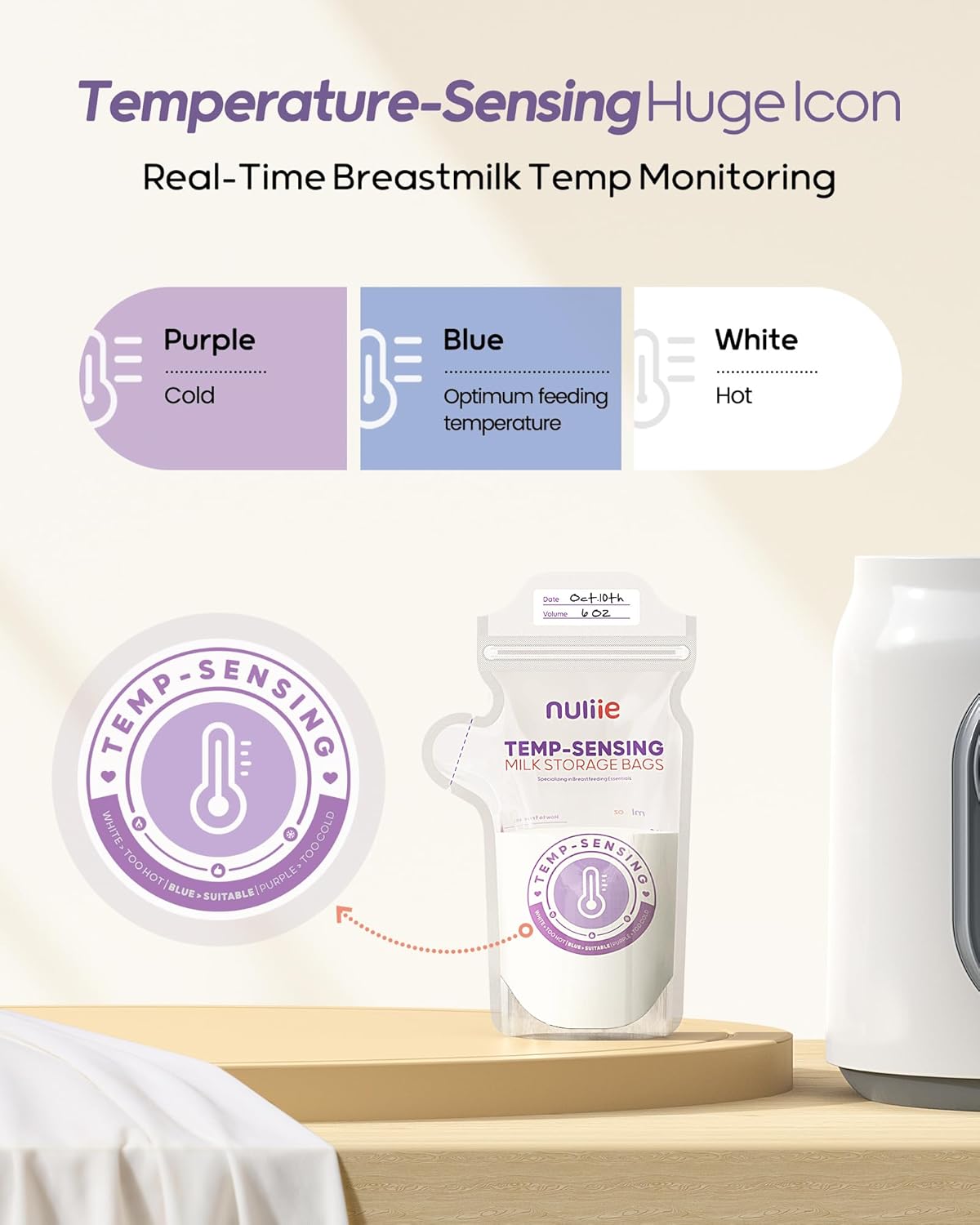 Nuliie 240pcs Temp-Sensing Breastmilk Storage Bag, Huge Temp-Sensing Icon & Locking Clamp, 6oz Breast Milk Storage Bags Freezer Pour Spout, Self Standing Milk Storage Bags Breastmilk, BPA-Free No-Leak