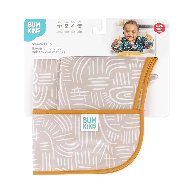 Bumkins Sleeved Bib for Girl or Boy, Baby and Toddler for 6-24 Mos, Essential Must Have for Eating, Feeding, Baby Led Weaning Supplies, Long Sleeve Mess Saving Food Catcher, Soft Fabric, Boho Beige