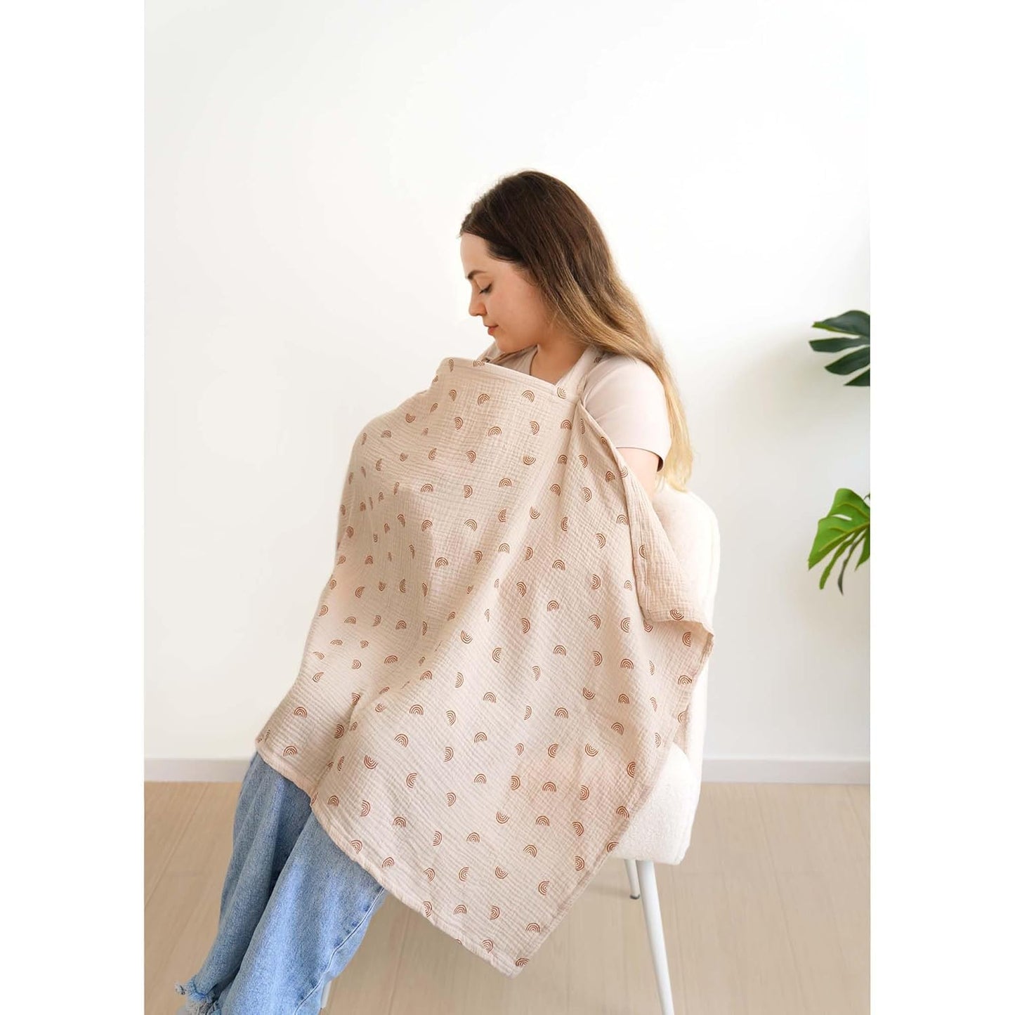 Muslin Nursing Covers for Breastfeeding, Privacy Breast Feeding Cover with Arch Neckline for Mom and Baby, Breathable 100% Cotton Nursing Apron Multi-use Stroller Cover