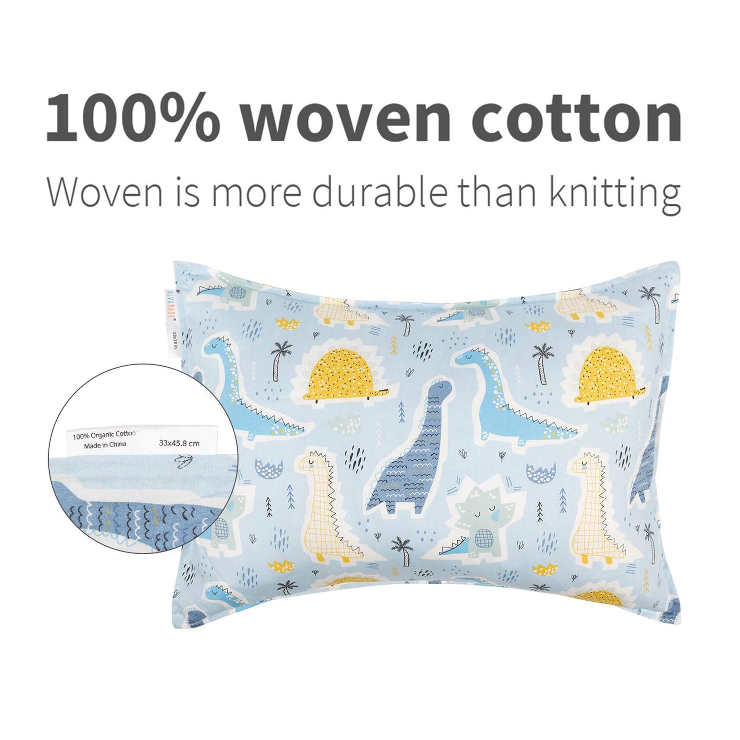 ALVABABY Toddler Pillowcases 2 Pack Organic Cotton Kids Pillow Cover Fit 13"x 18" or 12"x20" Envelope for Girl Boy Sleepy Travel