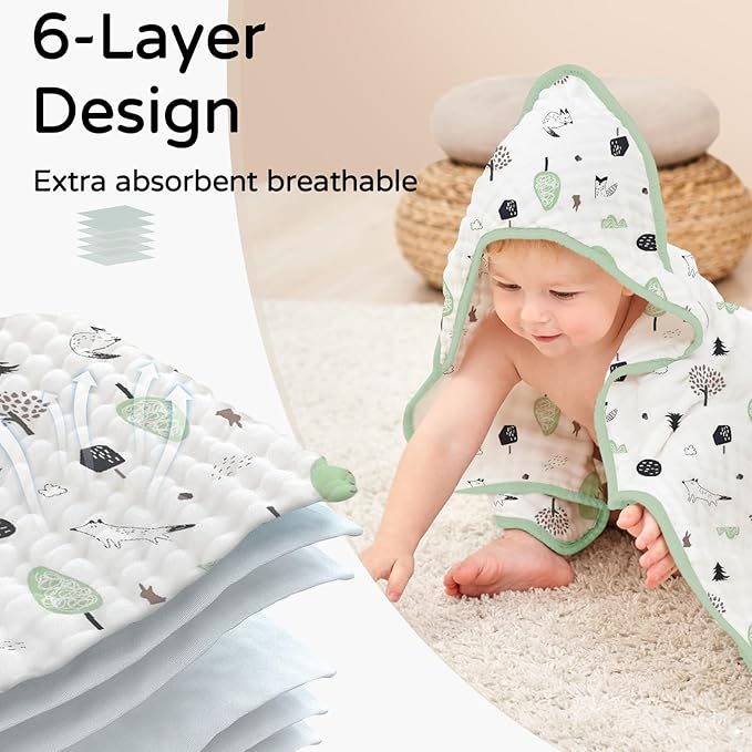 Yoofoss Hooded Baby Towels for Newborn 2 Pack 100% Muslin Organic Cotton Baby Bath Towel with Hood for Babies, Infant, Toddler and Kids, 32x32Inch, Soft and Absorbent Newborn Essential,Forest