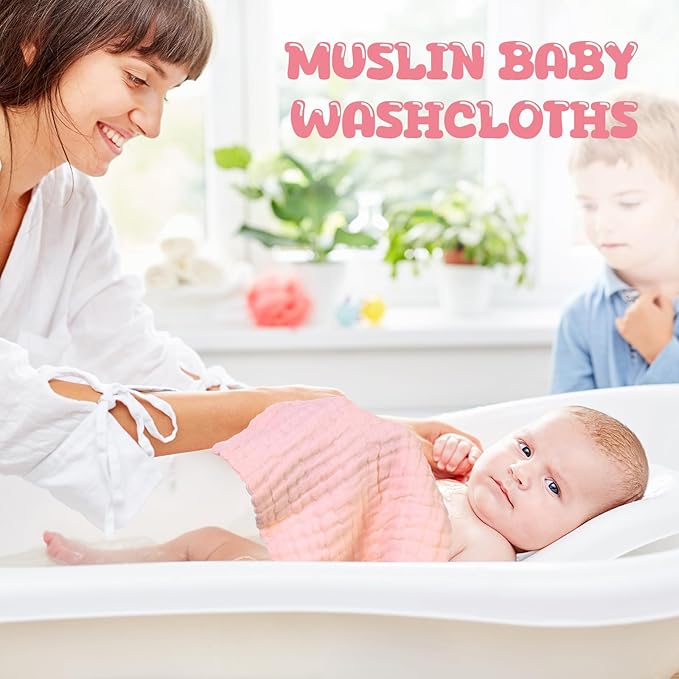 Breling 20 Pcs Baby Muslin Washcloth 12 x 12 Inch 100% Cotton Soft and Absorbent Muslin Washcloth Burp Cloth Wipe Newborn Face Towel for Baby Boy Girl Sensitive Skin(Powder Pink, White, Pink)