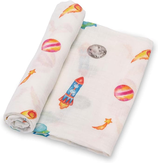 LollyBanks Swaddle Blanket, 100% Cotton Baby Blanket, Soft Muslin Swaddle Blanket 47 x 47 Inches, Neutral Baby Blanket for Boys and Girls, Baby Essentials, Registry (Space Print, Universe)