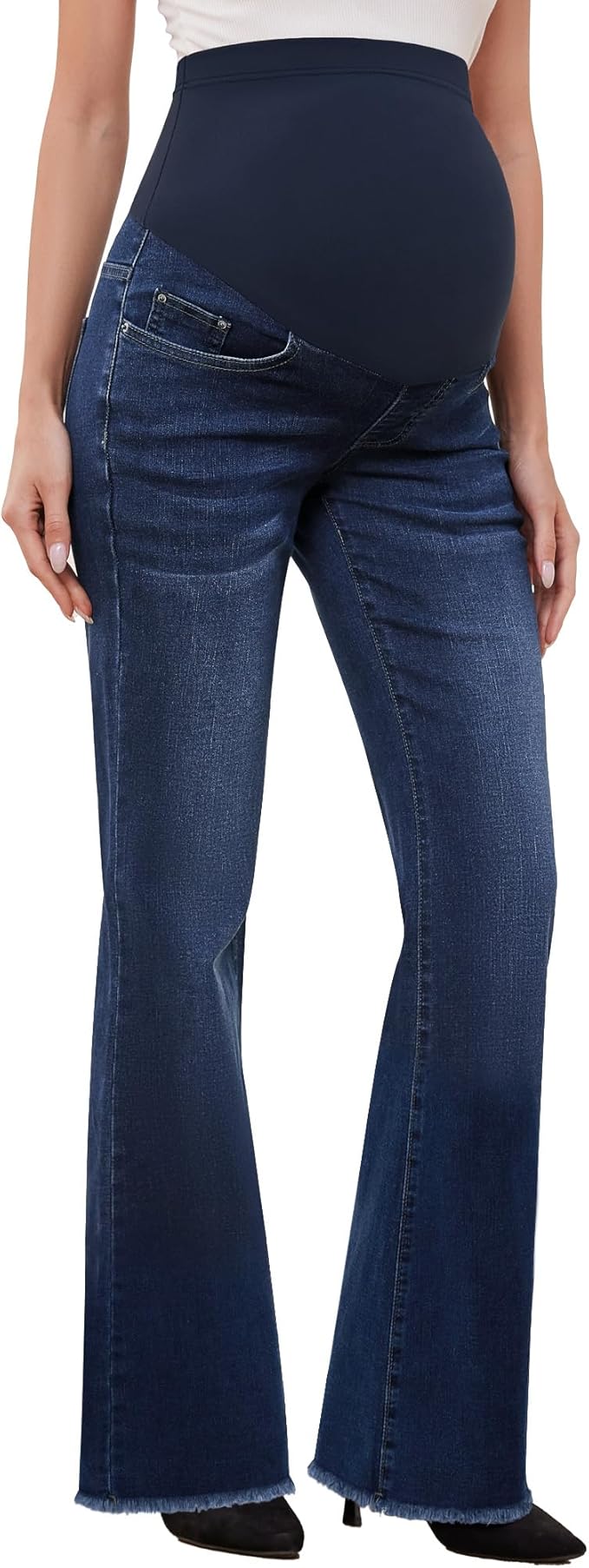 GLAMIX Women's Stretch Maternity Bootcut Jeans with Pockets Over The Belly Bell Bottoms Flare Denim Pants Pregnancy Clothes