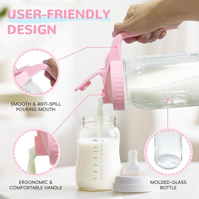 2 PACK Breast Milk Pitcher 32OZ Glass Breastmilk Pitcher with Lids Leak-proof Wide-mouth Mason Jar for Breastmilk, Resistant to Heat or Cold, Freezer-safe(Pink)