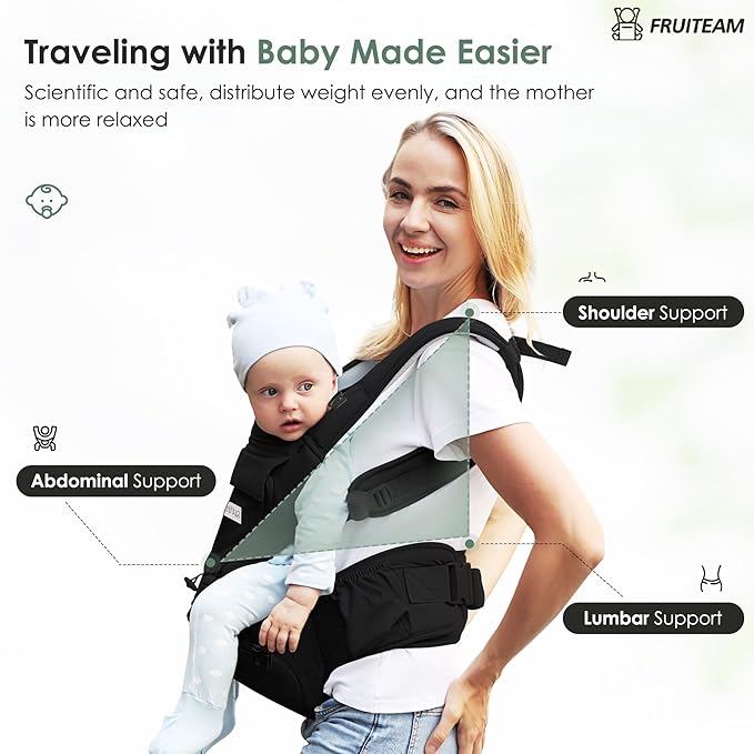 FRUITEAM Baby Carrier Newborn to Toddler, Safety-Certified Waist Stool with Hip Seat, Ergonomic 6-in-1 Baby Carrier with Head Support, Adjustable & Removable Baby Holder for All Seasons, Black