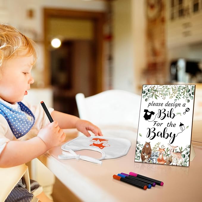 Newwiee 55 Pcs White Bibs for Baby Decorating Design a Bib Decorate Plain newborns Bibs Wooden Sign for Baby Shower Games Kit