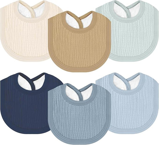 Muslin Baby Bibs 6 Pack for Unisex Girls & Boys, Adjustable Soft Cotton Baby Bibs for Drooling and Teething