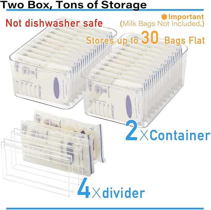 Breastmilk Storage Container with 4 Freezer Flattener Kit to Flatten Standing Breast Milk Bags in Organizer Bins Save Refrigerator Space |Horizontal Storage