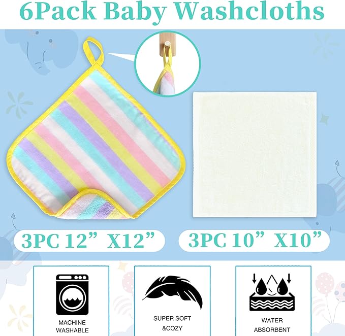 VOOVA & MOVAS 6 Pack 100% Cotton Baby Washcloths | 12x12 Inches | Highly Absorbent | Ultra-Soft Newborn Towels | Perfect Set,Baby Essentials |Rainbow & Ivory Colors