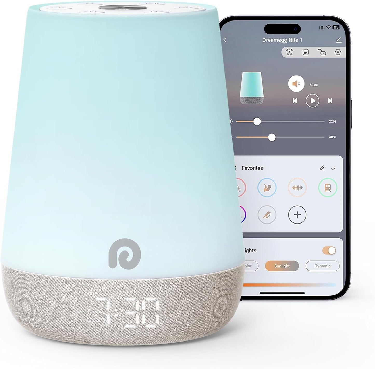 Dreamegg Nite 1 - Baby Sound Machine, Sleep Trainer, Night Light for Kids, Ok to Wake Alarm Clock, 34 Soothing Sounds, App Control, White Noise Sound Machine for Baby Kids Nursery(Sleepy Ellie)