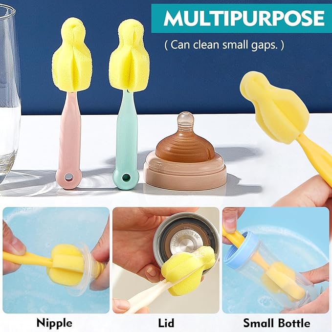 Sponge Bottle Brush 6PCS Sponge Nipple Brushes Baby Bottle Nipple Cleaning Brush Long Handle Baby Milk Bottle Brush (6PCS)