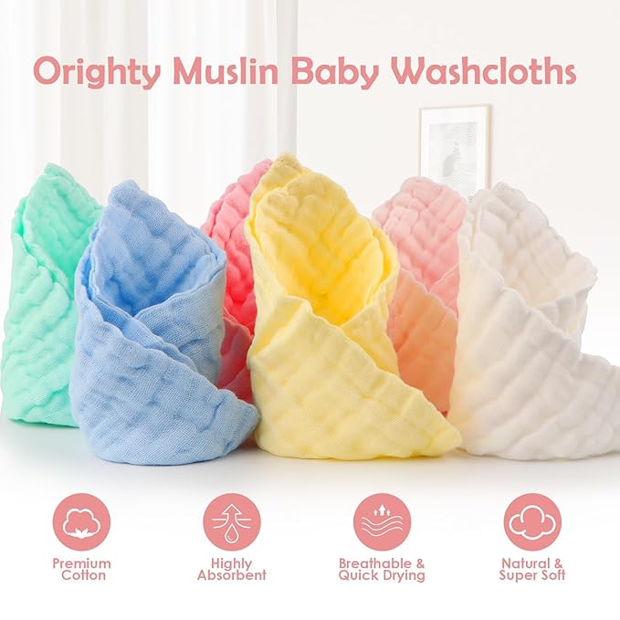 Orighty Muslin Baby Washcloths Pack of 6 - Soft Face Cloths for Newborn, Absorbent Baby Bath and Face Towels, 100% Cotton Babies Wipes, Burp Cloths, Feeding Towels for Babies and Infants - 10 x 10’’