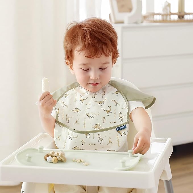 GRSSDER 3-pack Mess Proof Baby Feeding Bibs with Food Catcher Pocket, Soft Lightweight Waterproof Fabric Material with Zero Plastic-like Feel, Adjustable and Easy Clean Toddler Bibs for 6-36 Months