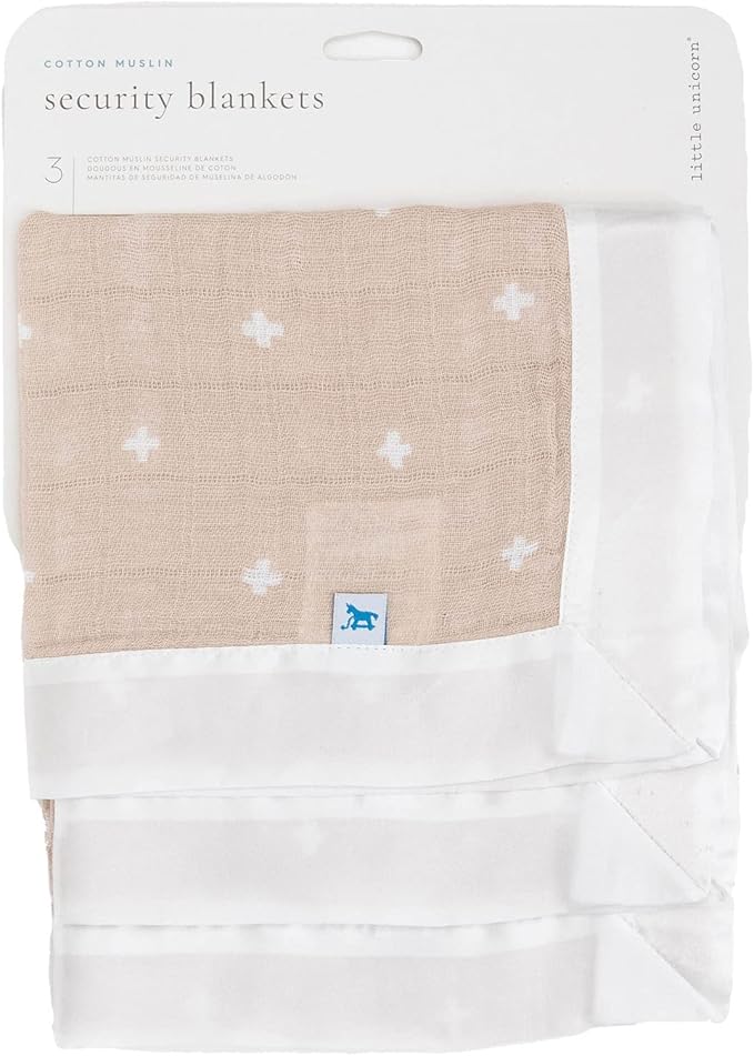 Little Unicorn Security Blankets 3 Pack | 100% Cotton Muslin with Satin Border| Super Soft and Breathable | Baby, Infant, Toddler | Lovey for Boys and Girls | Taupe Cross