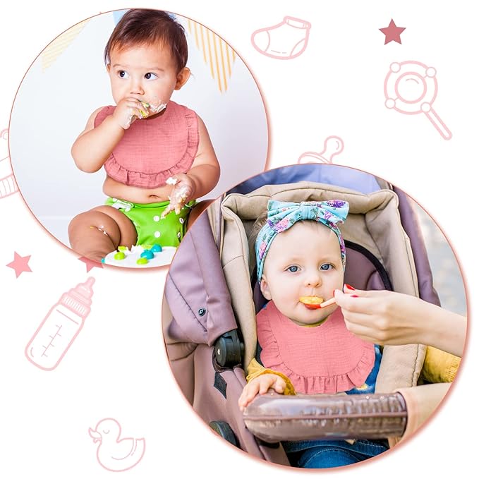 Seematn 10 Pcs Baby Muslin Bibs Drool Bibs Bandana Ruffle Soft Cotton for Newborn Baby Infants Girl Teething Toddlers Boy(Pink)