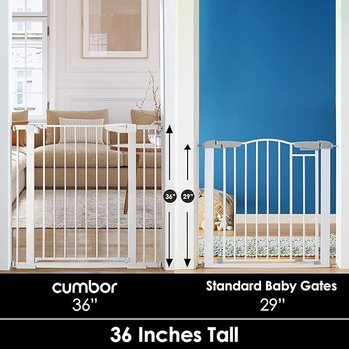 Cumbor 36" Extra Tall Baby Gate for Stairs, 29.7-40.6"(Extensions Included) Wide Dog Gate for Doorways, Pressure Mounted Auto-Close Pets Gates for Dogs Indoor, Durable Safety Child Gate, White