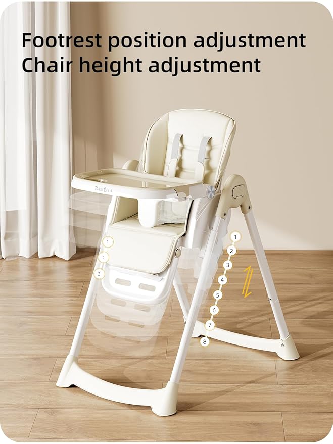 High Chair, Foldable High Chairs for Babies and Toddlers with Removable Tray, Height Adjustable Feeding Chair, Adjustable Backrest and Footrest, Beige