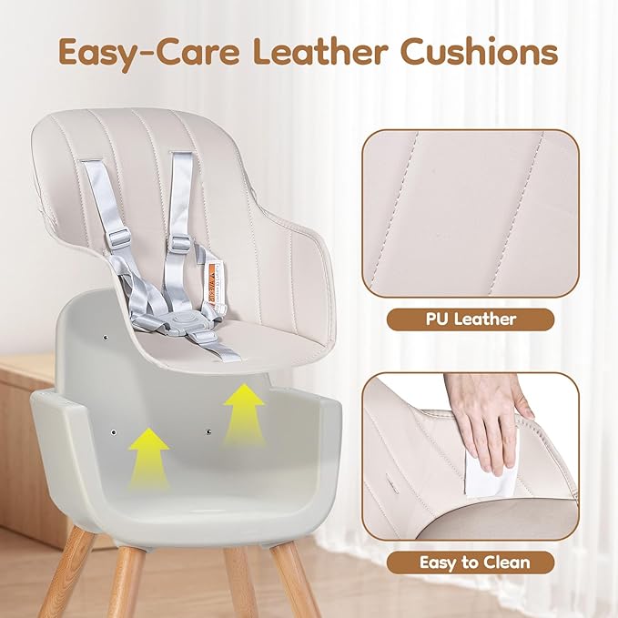 High Chairs for Babies and Toddlers,3 in 1 Convertible Wooden highchair, Baby High Chair with Adjustable Legs,5 Point Harness, Footrest, Dishwasher-Safe Tray & PU Leather Cushion, Beige