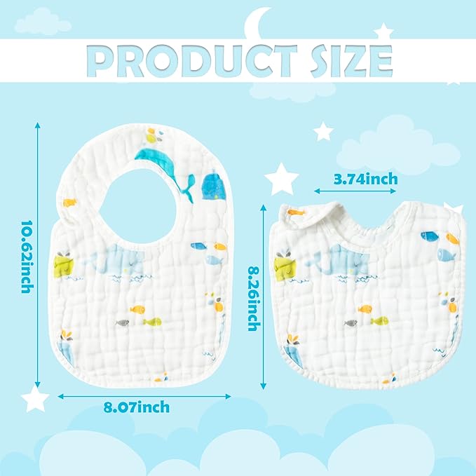 Zainpe 6Pcs Snap Muslin Cotton Baby Bibs Elephant Whale Rabbit Pattern Feeding Bib Adjustable Machine Washable Unisex Burp Cloths with 6 Absorbent & Soft Layers for Boys Girls Drooling Teething Eating