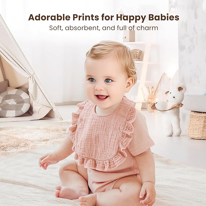 Konssy Muslin Baby Bibs for Girls – Soft 100% Cotton Drool Bibs, Ruffle Trim for Newborns & Toddlers 0-36 Months 3-Pack