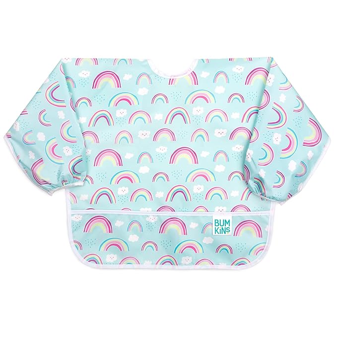 Bumkins Sleeved Bib for Girl or Boy, Baby and Toddler for 6-24 Mos, Essential Must Have for Eating, Feeding, Baby Led Weaning Supplies, Long Sleeve Mess Saving Food Catcher, Soft Fabric, Rainbow Blue