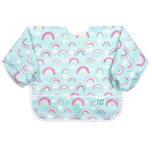 Bumkins Sleeved Bib for Girl or Boy, Baby and Toddler for 6-24 Mos, Essential Must Have for Eating, Feeding, Baby Led Weaning Supplies, Long Sleeve Mess Saving Food Catcher, Soft Fabric, Rainbow Blue